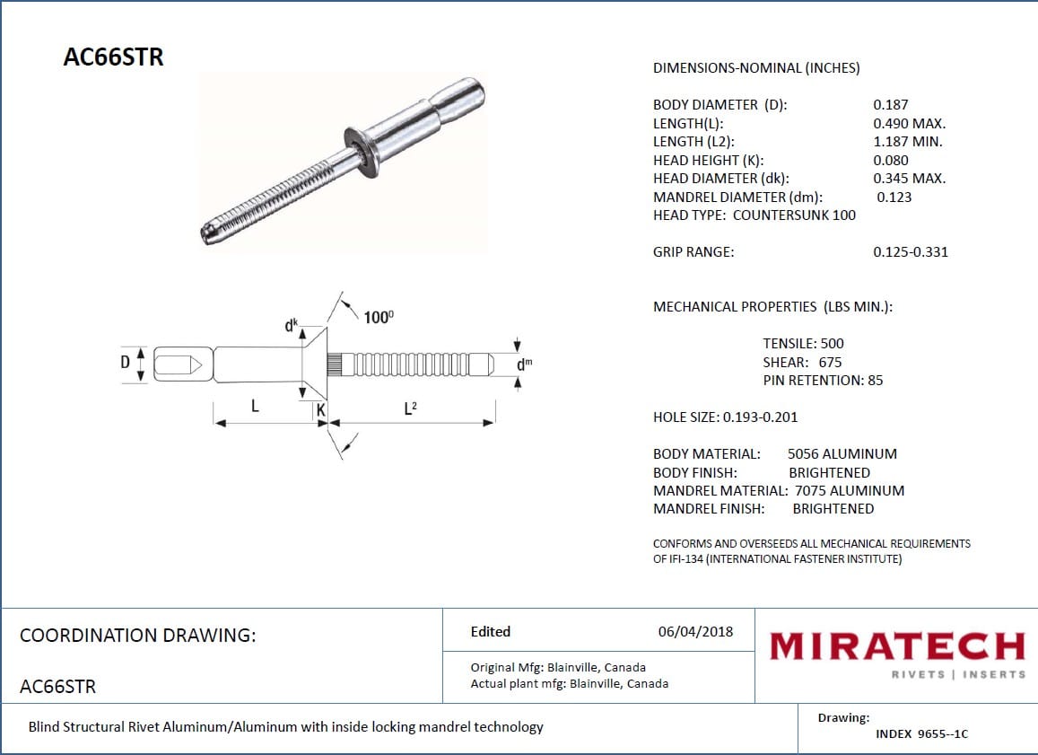 AC66STR Rivet structurel en aluminium à tête fraisé avec 3/16" de diamètre – Image 2