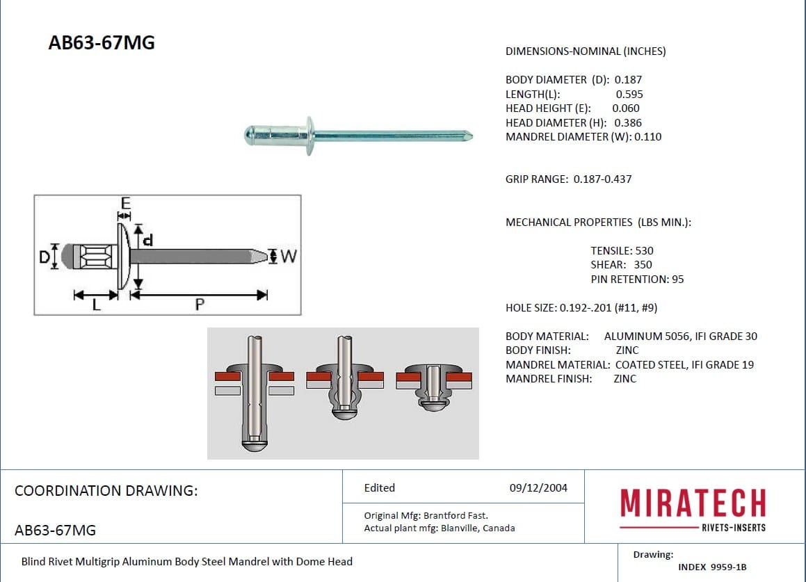AB63-67MG aluminium/steel multi-grip blind rivet with dome head, 3/16″ diameter - Image 2