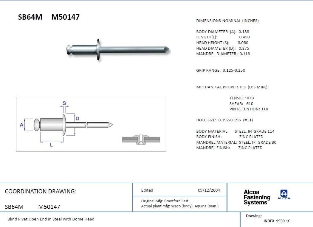 SB64M rivet aveugle en acier à bout ouvert avec tête dôme de diamètre 3/16" – Image 2